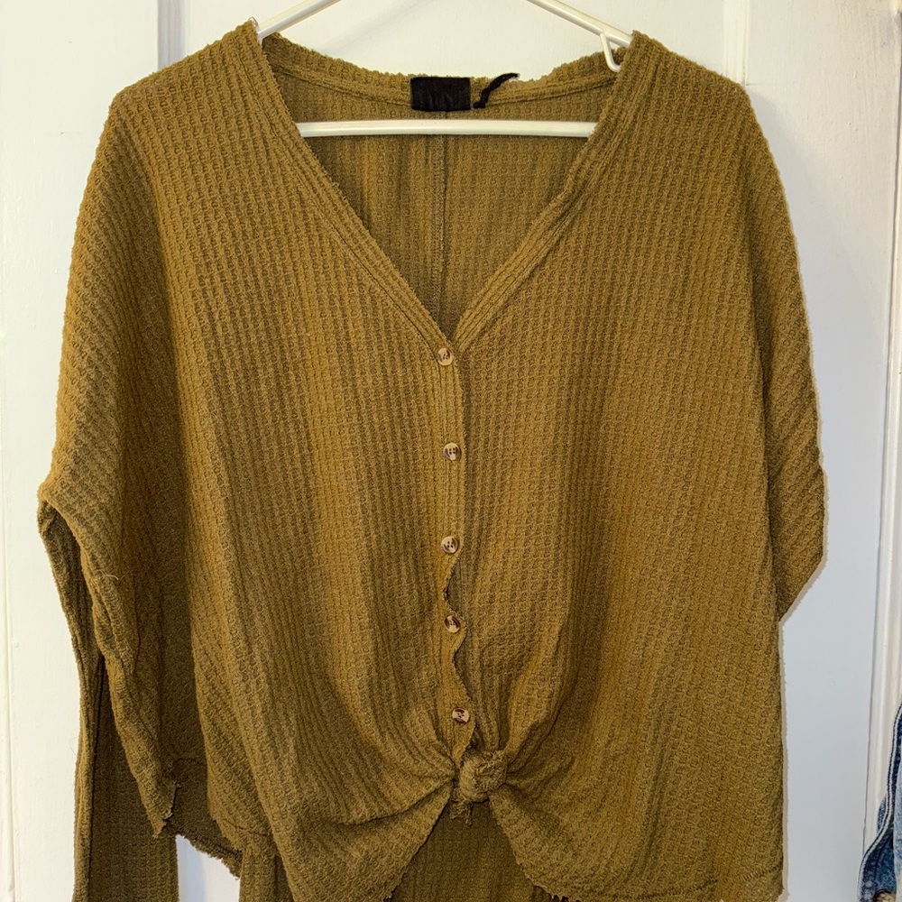 Urban Outfitters Green Button-Down Knit Henley Top